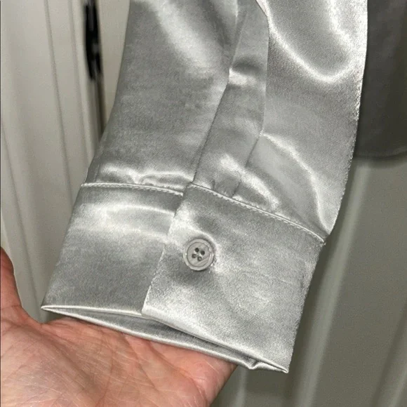 Silver Satin Women's Blouse with Draped Neckline NWT - Picture 5 of 9